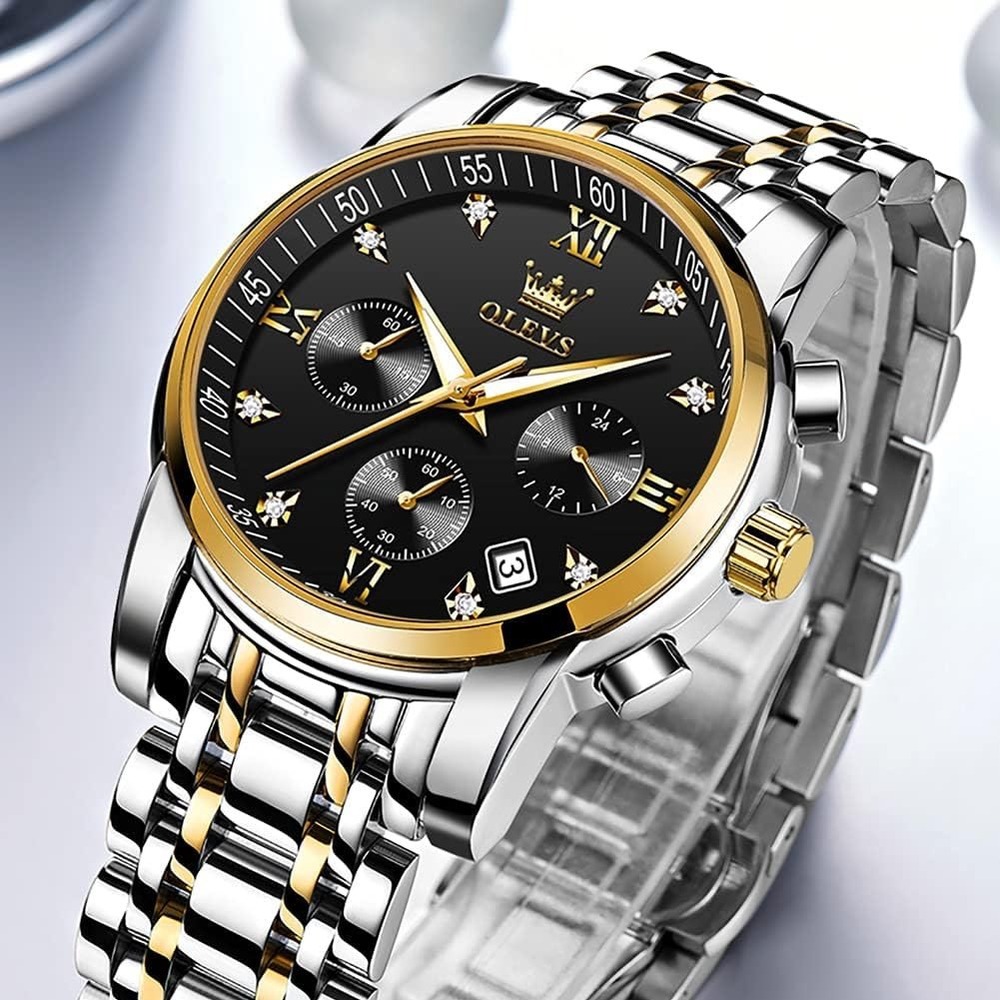 OLEVS Chronograph Watch Two Tone Silver Gold Black Dial Luxury 2858G New
